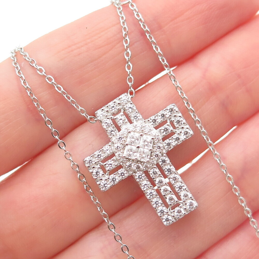 DBJ Dee Berkle 925 Sterling Silver C Z Cross Cable Chain Necklace 16-18"